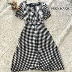 ミッシュマッシュ チェック柄 半袖ロングワンピース M リボン 白黒
