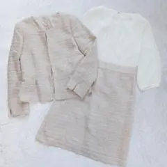 ベージュ ツイード ジャケット＆スカートセット シフォン 異素材 M 式