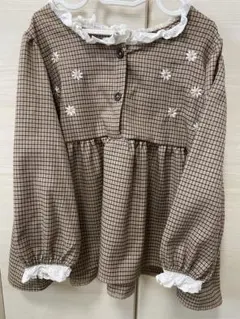 (キッズ)千鳥格子　花刺繍　フリル襟　ワンピース120cm