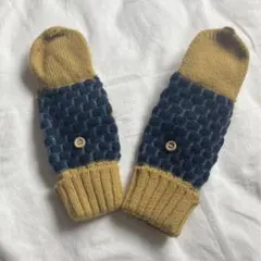 ニット ハンドウォーマー 指なし手袋 マスタード ネイビー ボタン付き