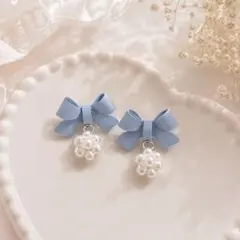 【ブルーリボンピアス♡】パール ガーリー 水色系