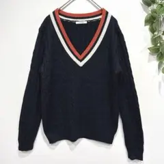 エルフォーブル　長袖ニット　セーター　Ｖネック　ケーブル編　カジュアル 紺　赤