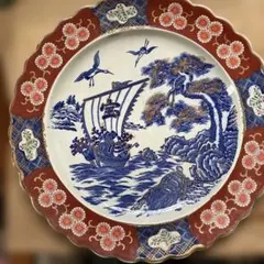宝船 皿 縁起物 藍色 縁取り41センチ