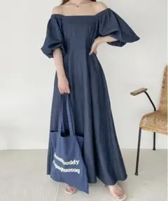 オフショルワンピース ネイビー デニム ロングワンピース 夏服
