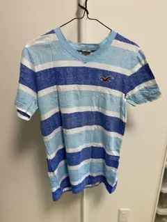 Hollister 青白ストライプ Vネック Tシャツ