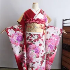 振袖 フルセット 赤 白 ピンク ガーリー 正絹　成人式 前撮り