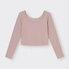 ピンク　Uネック　リブ　トップス　長袖Tシャツ　大きいサイズ　ゆったり　4L