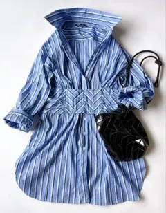 ザラ ZARA ウエストマーク ストライプシャツワンピース USA XL ブルー