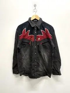 SANTINO90s ブラックデニム ウエスタンシャツ フレイム柄 古着