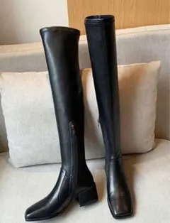 ブラックレザー ロングブーツ サイドファスナー