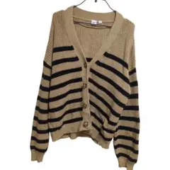 GAP ギャップ ボーダー柄コットンニットカーディガン ベージュ×ブラック XL