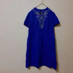 【希少】ヴィンテージ 刺繍 Aライン ワンピース ロイヤルブルー ドイツ製素材