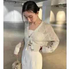 SNIDEL リボンビジューシアーカーディガン　アイボリー　レース