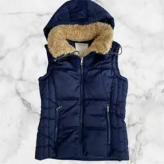 ザラ キルティングベスト ダウン風 フード取り外し フェイクファー S ネイビー