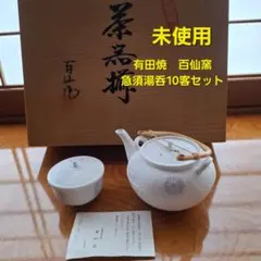 【未使用】有田焼 百仙窯 和紙絞り地紋 茶器揃 急須＆蓋付湯呑10客 木箱入