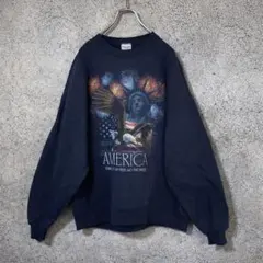 USA製 Jerzees スウェット ネイビーアメリカ柄鷲&自由の女 神L