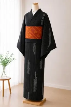 【お買得】袷着物と帯セット　縦縞　黒　　普段着　着丈157㎝裄61㎝