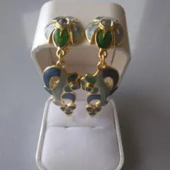 ラウンドカボションビジュー付エナメルイヤリング青緑　七宝焼コスチュームジュエリー