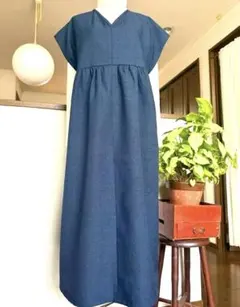 【着物リメイク】上質ウール　着物ワンピース　Vネック　ギャザー切り替えワンピース