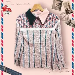セレクトショップ個性派◆襟2カラーフラワーパッチワークデザイン長袖ブラウスシャツ