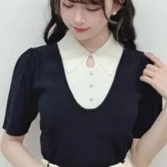 an another angelus パールボタン 半袖ニット ブラックホワイトのサムネイル