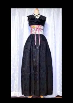 実桜033❇︎着物リメイク❇︎大島紬Ｖネック テントラインワンピース マキシ丈 実桜様専用033❇︎着物リメイク❇︎大島紬Vネック テントライン