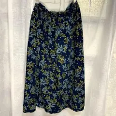 ネイビー フラワー柄 コーデュロイ フレアスカート