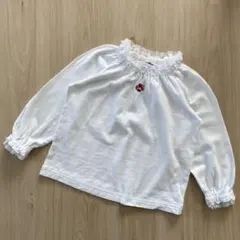 美品 familiar ホワイトフリル ロンT 90 赤い花刺繍