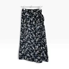 ZARA 花柄 ラップスカート ロング丈 スリット モノトーン 黒 XSーS