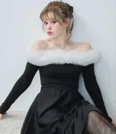 チュールフリルオフショルニットトップス