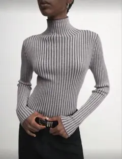 グレーと黒のストライプハイネックニット