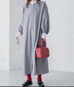 BONLECILL ボリュームスリーブ　ストライプ　ロング　シャツワンピース