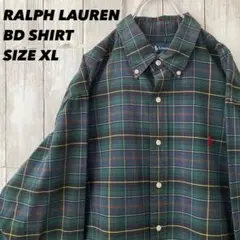 ラルフローレン チェック BDシャツ XL クラシックフィット ポロ 紺緑　古着