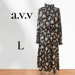 a.v.v 花柄 ロングワンピース L ネイビー　ウエストゴム　きれいめ