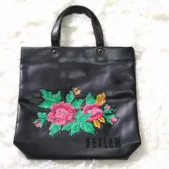 FEILER 花柄刺繍 トートバッグ 黒　合成革皮