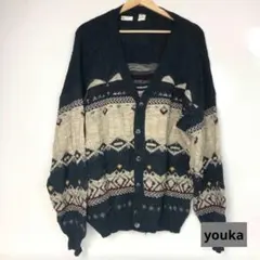 ノルディック柄 ニットカーディガン Vネック ウール混 古着 メンズ