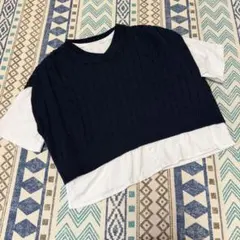 Vネック レイヤード風ニットベスト Tシャツセット ネイビー