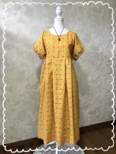 正絹紬リメイク　山吹色の絣模様/パフ袖ワンピース