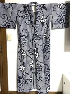 大人の女浴衣紺色草花柄花模様白単着物絵羽柄ネイビー和服洗える着物