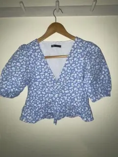 ZARA 水色 フラワープリント クロップドブラウス XS 4/30まで出品予定