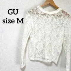GU【M】レースプルオーバー 長袖 レース 総柄 リボン 透け感