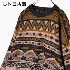 レトロ古着 フェアアイル総柄ニット ブラウン/ピンク系 L アクリルセーター