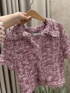 ZARA ピンク ツイード 半袖 ジャケット カーディガン　新品未使用のサムネイル