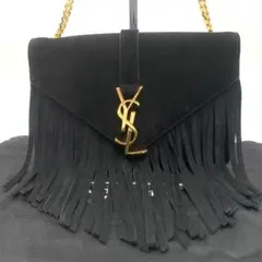 【美品】サンローランパリ チェーンショルダーバッグ スエード フリンジ 黒