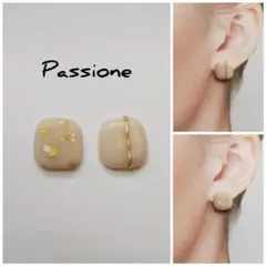 【一点物】金銀箔×パールベージュ アシメスクエア ピアス/イヤリング