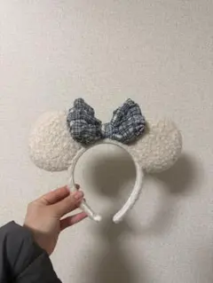 ミッキー耳カチューシャ チェックリボン付き