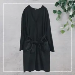 【コムサ】シャツワンピース(9)ロング　フェイクファーポケット　黒　ベルトリボン