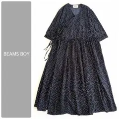 BEAMS BOY ドット柄 カシュクールワンピース　ネイビー　五分袖