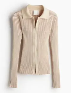 【美品】H&M ピンクベージュ リブ編み フロントジッパートップス