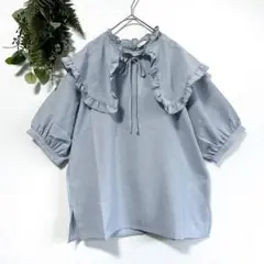 エヘカソポ 付け衿スタンドフリルブラウス サックス 半袖 SM2 ゆったり